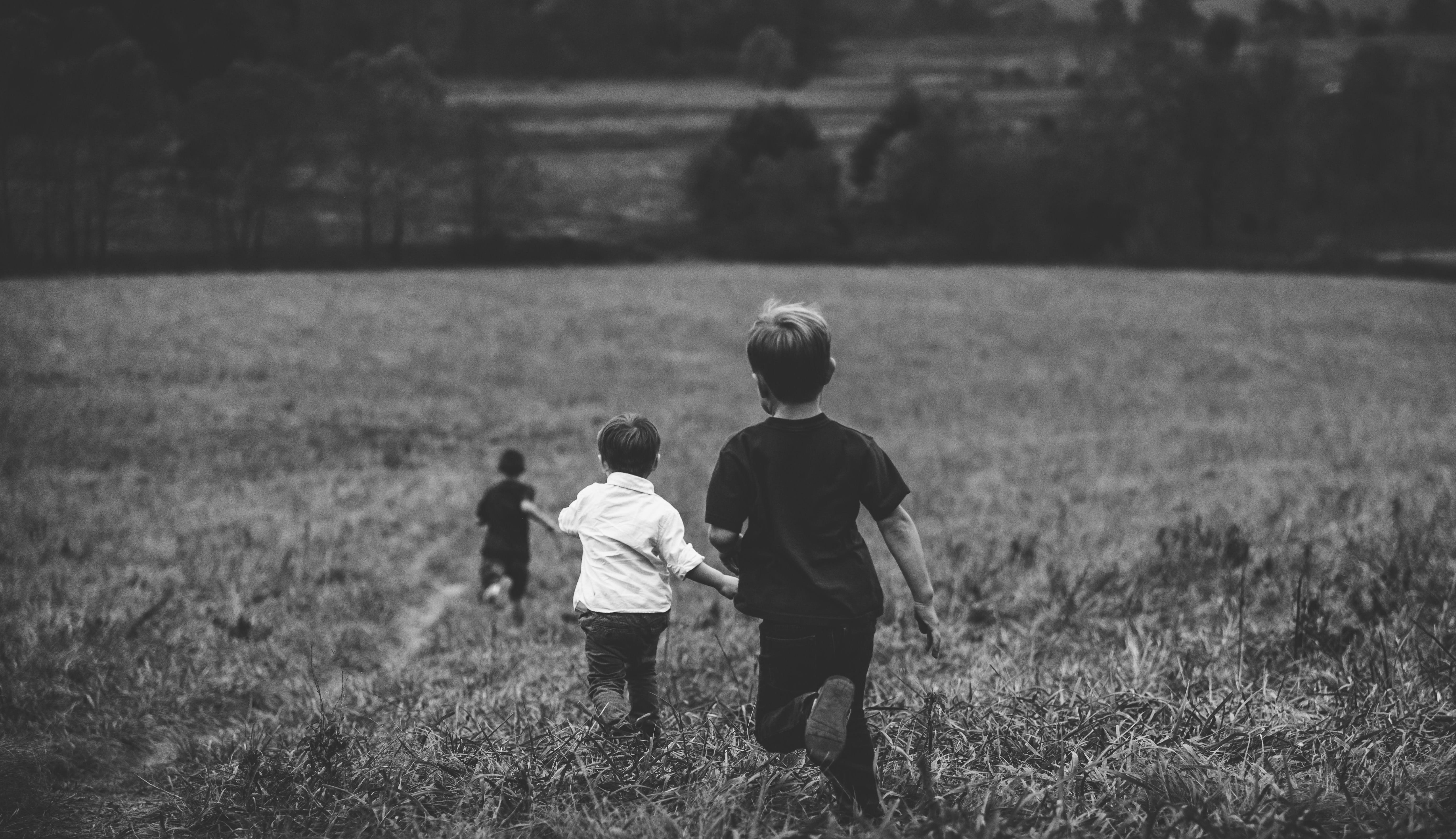 gezin met eerste, tweede en derde kind, rennen door een veld
